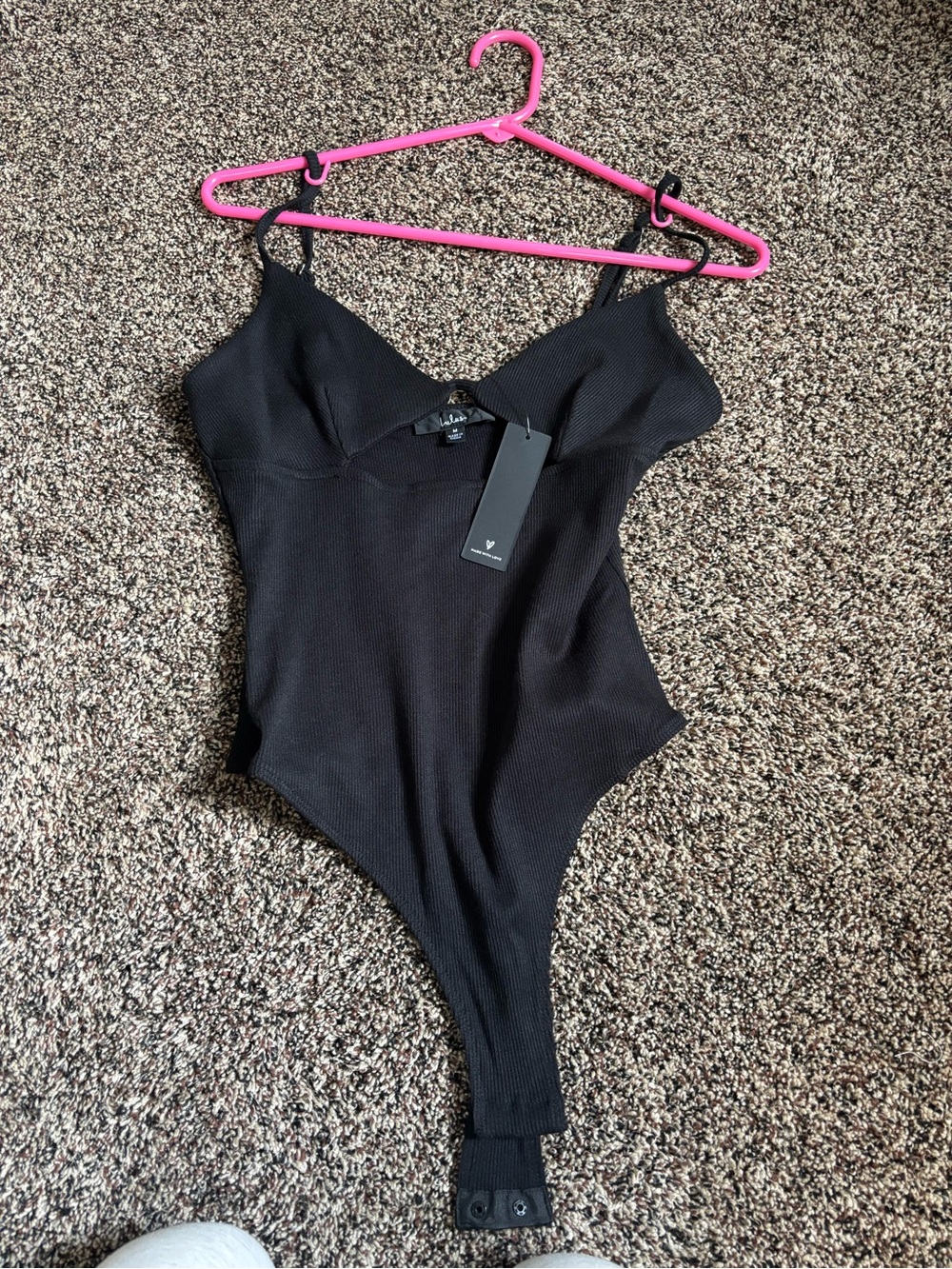 Lulu's Black Ribbed V-Neck Tank Bodysuit